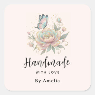 Handgefertigt mit Liebe Magische Rose und Schmette Quadratischer Aufkleber