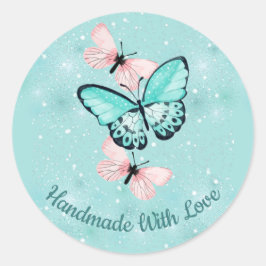 "Handgefertigt mit Liebe" mit Schmetterlingen Runder Aufkleber