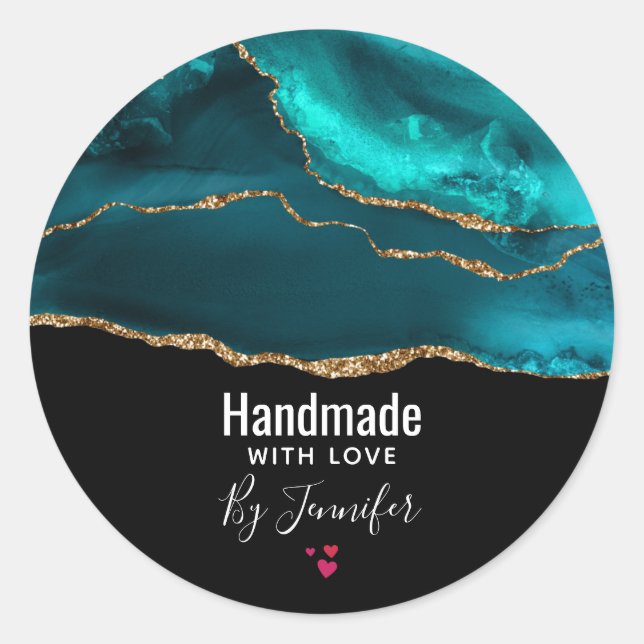 Handgefertigt mit Liebe Moderne Aquamarine Gate &  Runder Aufkleber (Vorderseite)