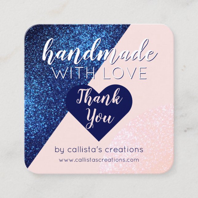Handgefertigt mit Liebe Navy Blue Pink Glitzer Her Quadratische Visitenkarte (Vorderseite)