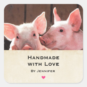 Handgefertigt mit Liebe Niedlich Pink Ferkel Tieri Quadratischer Aufkleber