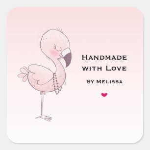 Handgefertigt mit Liebe Niedlich rosa Flamingo Ill Quadratischer Aufkleber