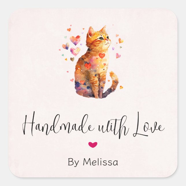 Handgefertigt mit Liebe Niedlich Tabby Katze mit H Quadratischer Aufkleber (Vorderseite)