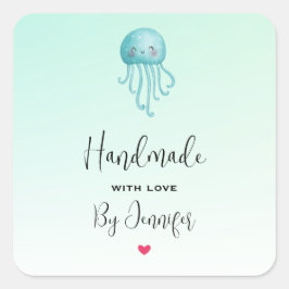 Handgefertigt mit Liebe Niedlich und Happy Jellyfi Quadratischer Aufkleber