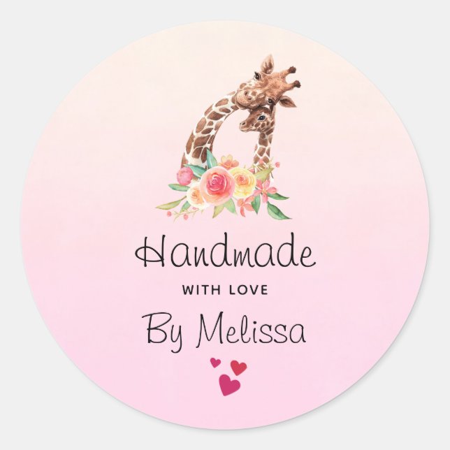 Handgefertigt mit Liebe Niedliche Giraffe Mama & B Runder Aufkleber (Vorderseite)