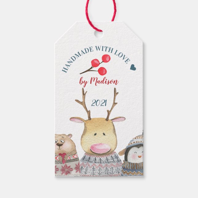 Handgefertigt mit Liebe Niedliche Tiere Winter Geschenkanhänger (Vorderseite)