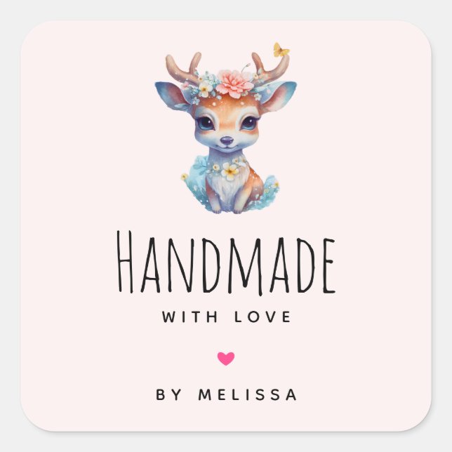 Handgefertigt mit Liebe Niedliches Baby Deer Illus Quadratischer Aufkleber (Vorderseite)