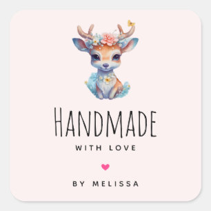 Handgefertigt mit Liebe Niedliches Baby Deer Illus Quadratischer Aufkleber