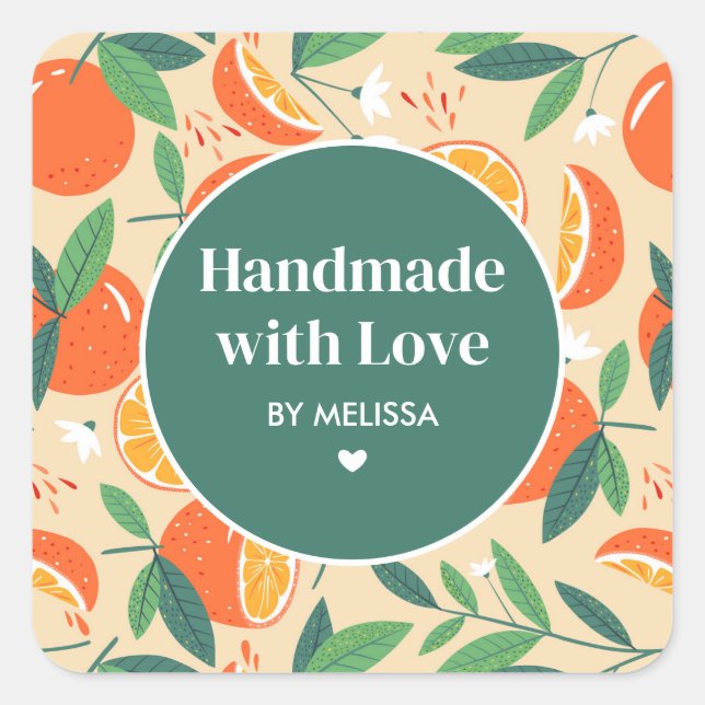 Handgefertigt mit Liebe Orange Citrus Frucht Muste Quadratischer Aufkleber (Vorderseite)