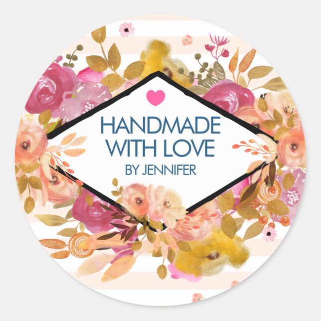 Handgefertigt mit Liebe Orange Pink Blume Runder Aufkleber (Vorderseite)