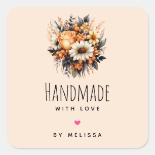 Handgefertigt mit Liebe Orange Yellow Blume Bouque Quadratischer Aufkleber