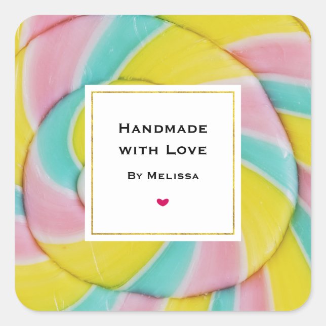 Handgefertigt mit Liebe Pastel Rainbow Spiral Cand Quadratischer Aufkleber (Vorderseite)