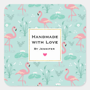 Handgefertigt mit Liebe Pastell Pink Flamingos Mus Quadratischer Aufkleber