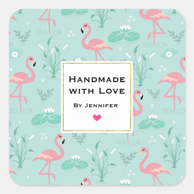 Handgefertigt mit Liebe Pastell Pink Flamingos Mus Quadratischer Aufkleber (Vorderseite)