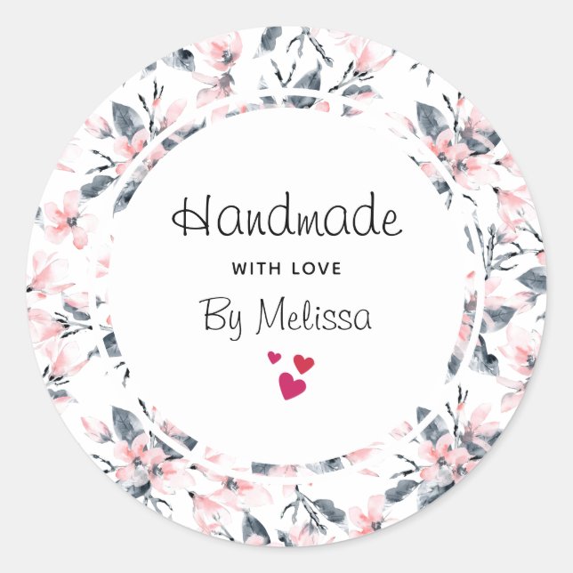 Handgefertigt mit Liebe Pink & Grau Blumenmuster Runder Aufkleber (Vorderseite)