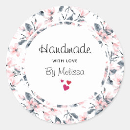 Handgefertigt mit Liebe Pink & Grau Blumenmuster Runder Aufkleber