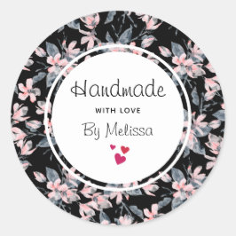 Handgefertigt mit Liebe Pink & Grau Blumenmuster Runder Aufkleber