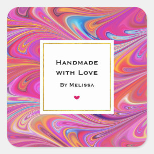 Handgefertigt mit Liebe Pink Orange Wirbel Abstrak Quadratischer Aufkleber