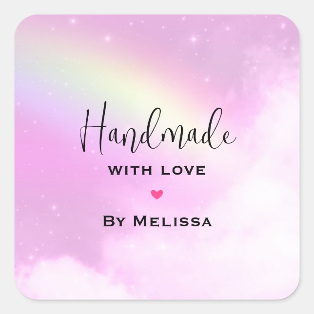 Handgefertigt mit Liebe Pink Sky mit flauschigen W Quadratischer Aufkleber (Vorderseite)