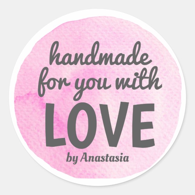 Handgefertigt mit Liebe Pink Wasserfarbe Runder Aufkleber (Vorderseite)