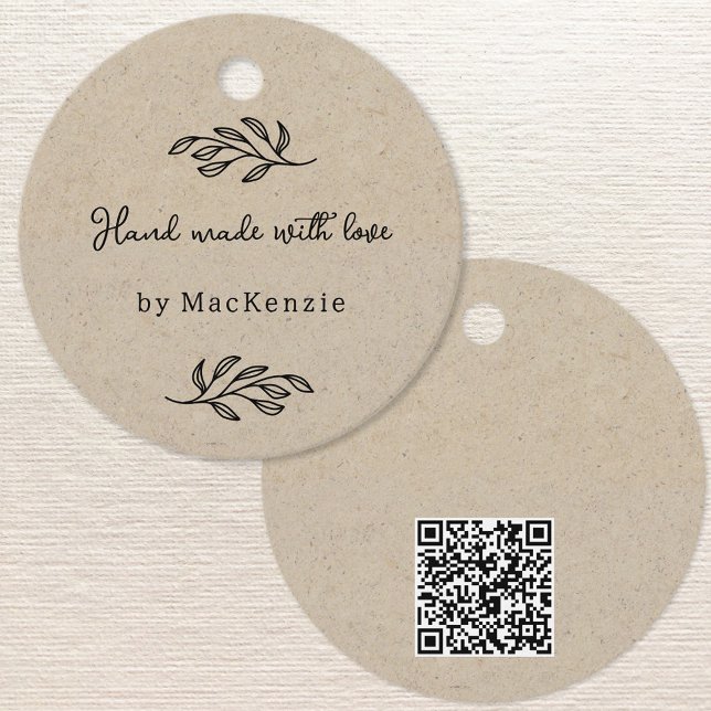 Handgefertigt mit Liebe QR-Code Braun Preis Anhäng Geschenkanhänger (Hand Made with Love custom name botanical leaf line art small business maker price or hang tags)