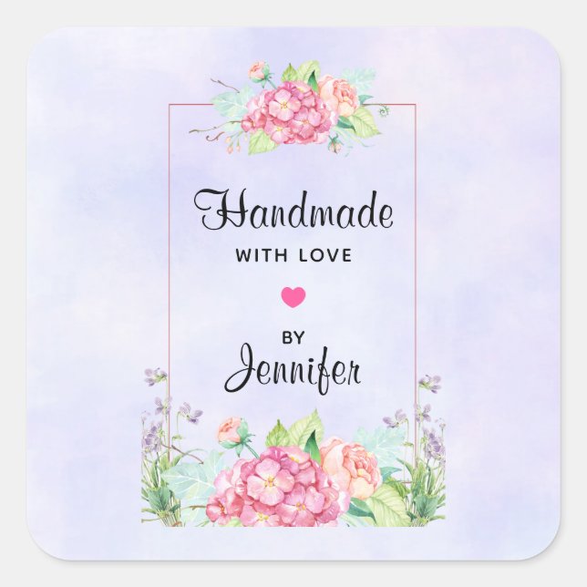 Handgefertigt mit Liebe Rosa Aquarellrahmen Quadratischer Aufkleber (Vorderseite)