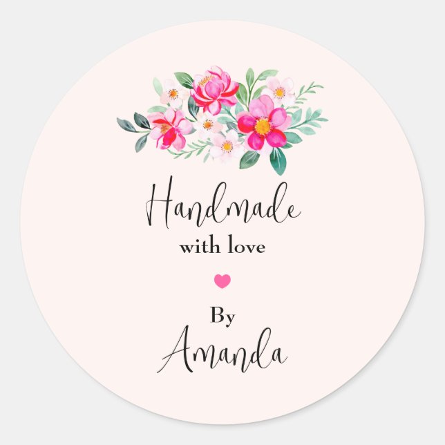 Handgefertigt mit Liebe Rosa Blume Bouquet Runder Aufkleber (Vorderseite)
