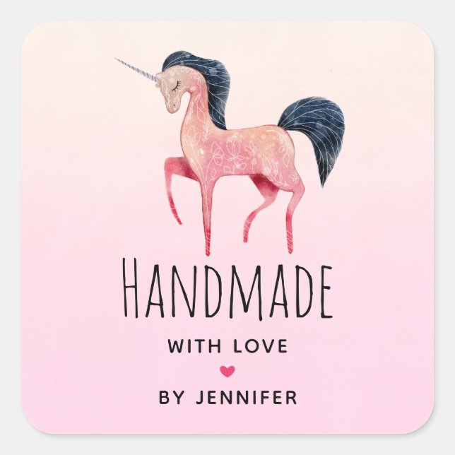 Handgefertigt mit Liebe Rosa Einhorn mit schwarzem Quadratischer Aufkleber (Vorderseite)