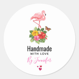 Handgefertigt mit Liebe Rosa Flamingo und Tropenfl Runder Aufkleber