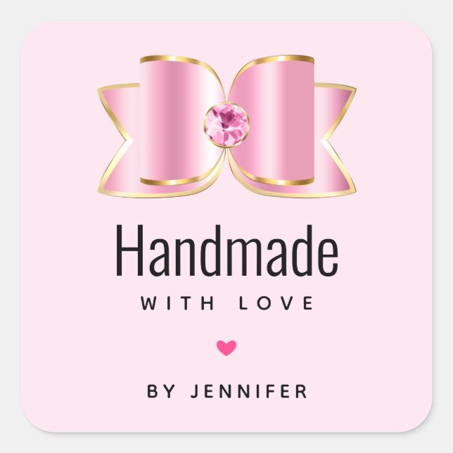 Handgefertigt mit Liebe Rosa Glam Bow Extravagant  Quadratischer Aufkleber (Vorderseite)