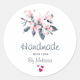 Handgefertigt mit Liebe Rosa & Grau Blume Wasserfa Runder Aufkleber