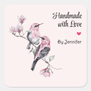Handgefertigt mit Liebe Rosa und Schwarze Vögel au Quadratischer Aufkleber