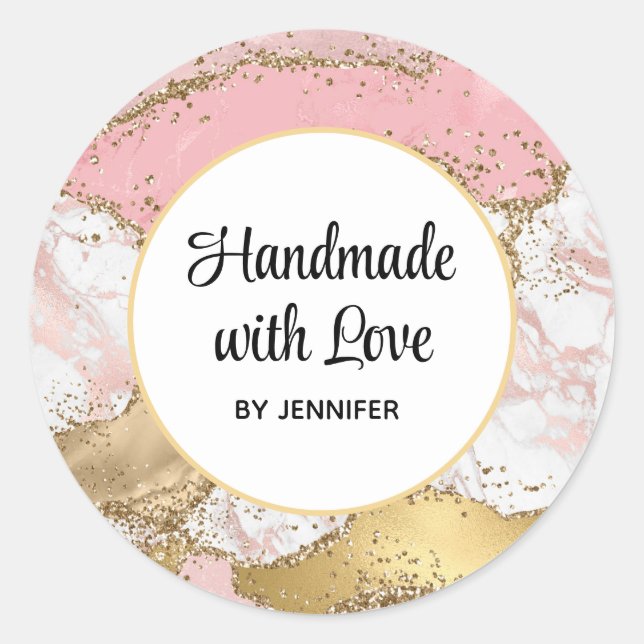 Handgefertigt mit Liebe Rose Gold Rosa Marmordesig Runder Aufkleber (Vorderseite)