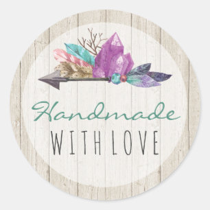 Handgefertigt mit Liebe Rustikale Boho-Kristalle B Runder Aufkleber