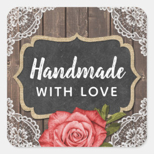 Handgefertigt mit Liebe Rustikales Holz und Spitze Quadratischer Aufkleber