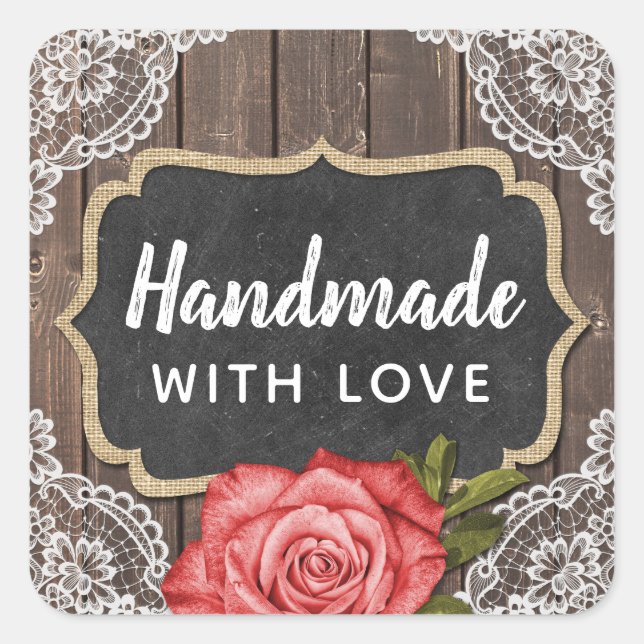 Handgefertigt mit Liebe Rustikales Holz und Spitze Quadratischer Aufkleber (Vorderseite)