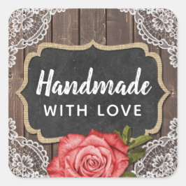 Handgefertigt mit Liebe Rustikales Holz und Spitze Quadratischer Aufkleber