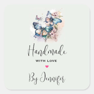 Handgefertigt mit Liebe Schmetterlinge und Blume Quadratischer Aufkleber