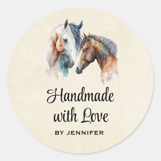 Handgefertigt mit Liebe Schöne Pferde Western Boho Runder Aufkleber (Vorderseite)