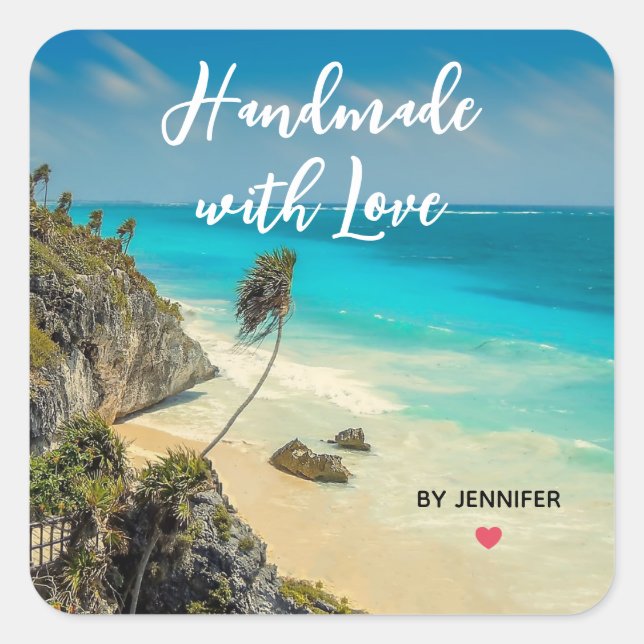 Handgefertigt mit Liebe Schöner tropischer Strand Quadratischer Aufkleber (Vorderseite)