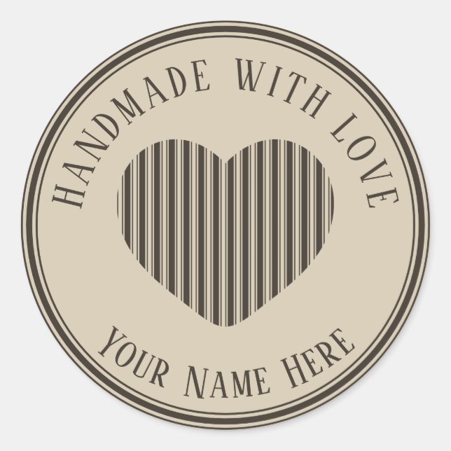 handgefertigt mit Liebe-schwarz-Creme-Streifen Runder Aufkleber (Vorderseite)