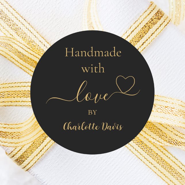 Handgefertigt mit Liebe, schwarzer Goldname Runder Aufkleber (Von Creator hochgeladen)