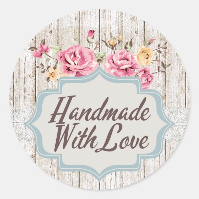 Handgefertigt mit Liebe Shabby Chic florales rusti Runder Aufkleber (Vorderseite)