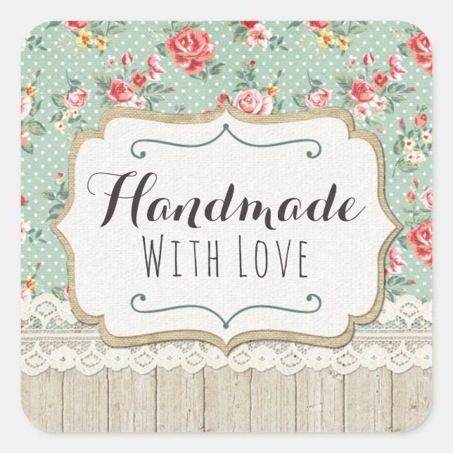 Handgefertigt mit Liebe Shabby Chic Rose Lace & Bu Quadratischer Aufkleber (Vorderseite)
