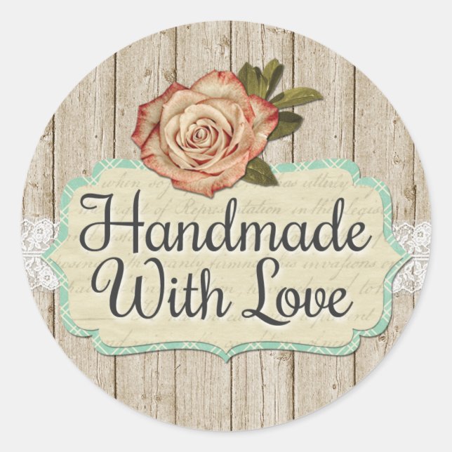 Handgefertigt mit Liebe Shabby Chic Rose und Holz Runder Aufkleber (Vorderseite)