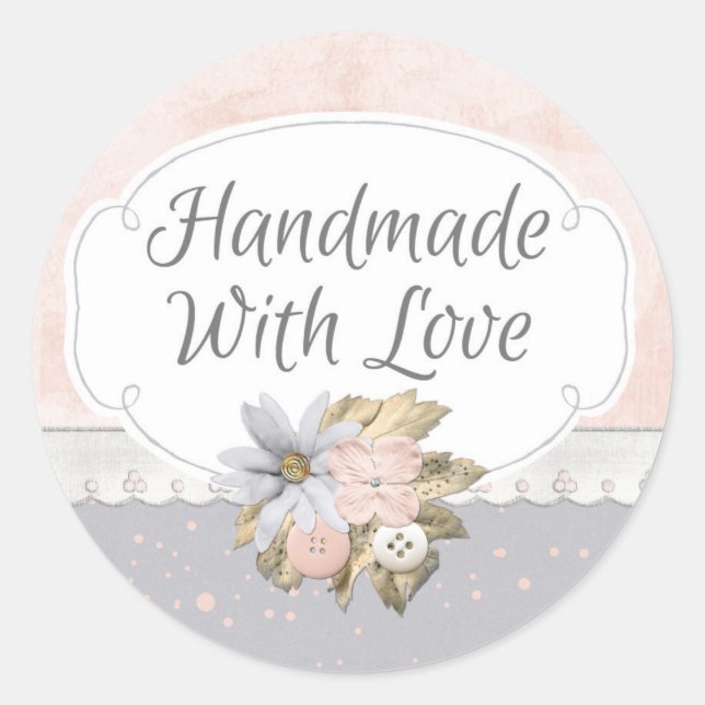 Handgefertigt mit Liebe Shabby Chic Rustikal Blume Runder Aufkleber (Vorderseite)