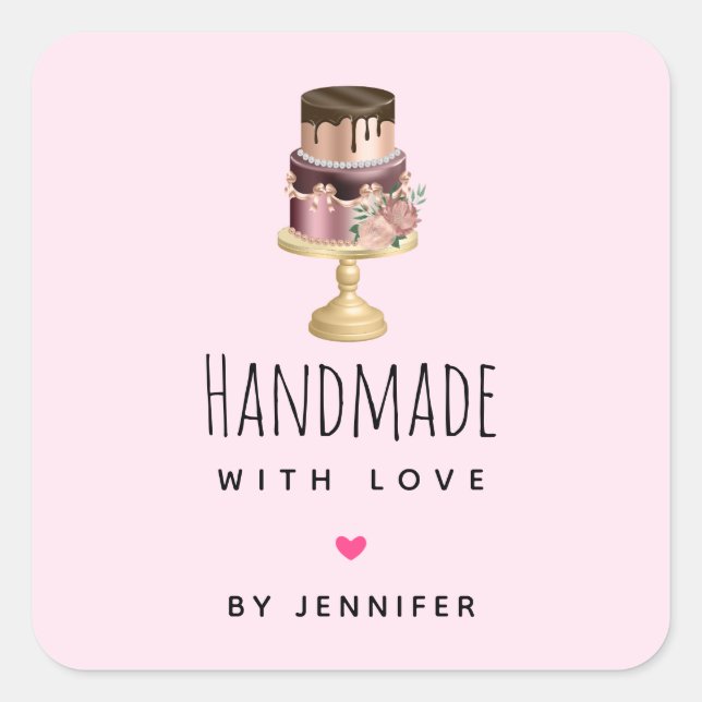 Handgefertigt mit Liebe Shiny Glam Party Cake Quadratischer Aufkleber (Vorderseite)