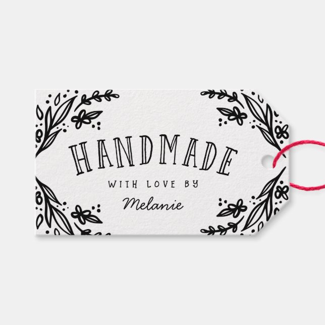 Handgefertigt mit Liebe skizziertem Blumendesign k Geschenkanhänger (Vorderseite (Horizontal))