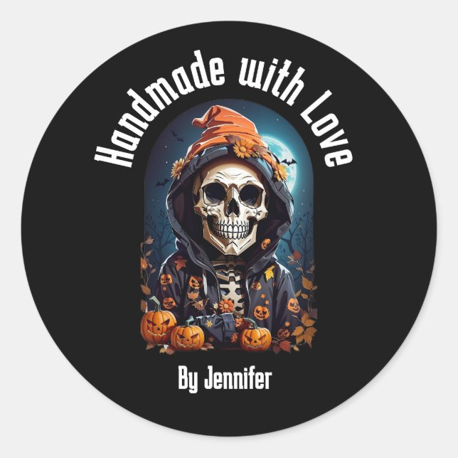 Handgefertigt mit Liebe Spooky Skeleton mit Pumpki Runder Aufkleber (Vorderseite)