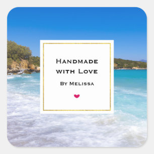 Handgefertigt mit Liebe Tropical Beach Island Para Quadratischer Aufkleber